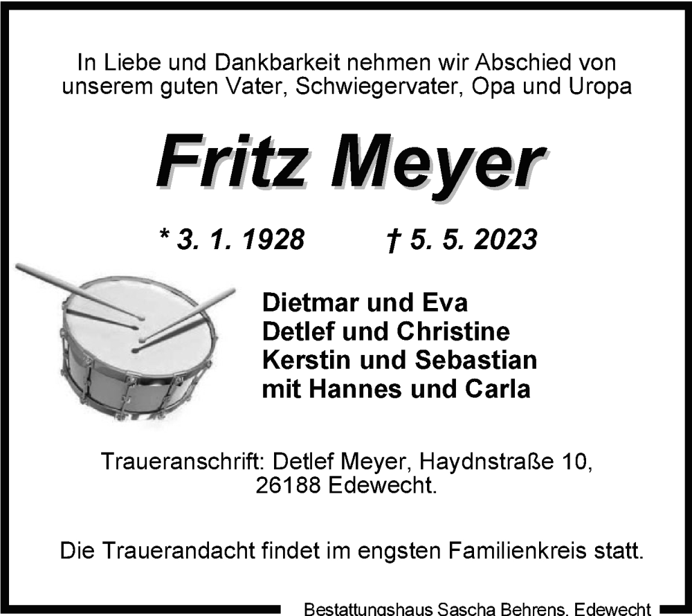  Traueranzeige für Fritz Meyer vom 13.05.2023 aus Nordwest-Zeitung