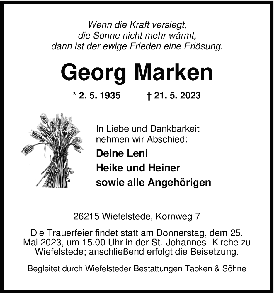  Traueranzeige für Georg Marken vom 23.05.2023 aus Nordwest-Zeitung