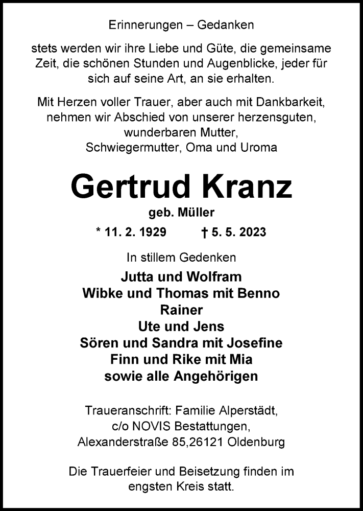  Traueranzeige für Gertrud Kranz vom 06.05.2023 aus Nordwest-Zeitung
