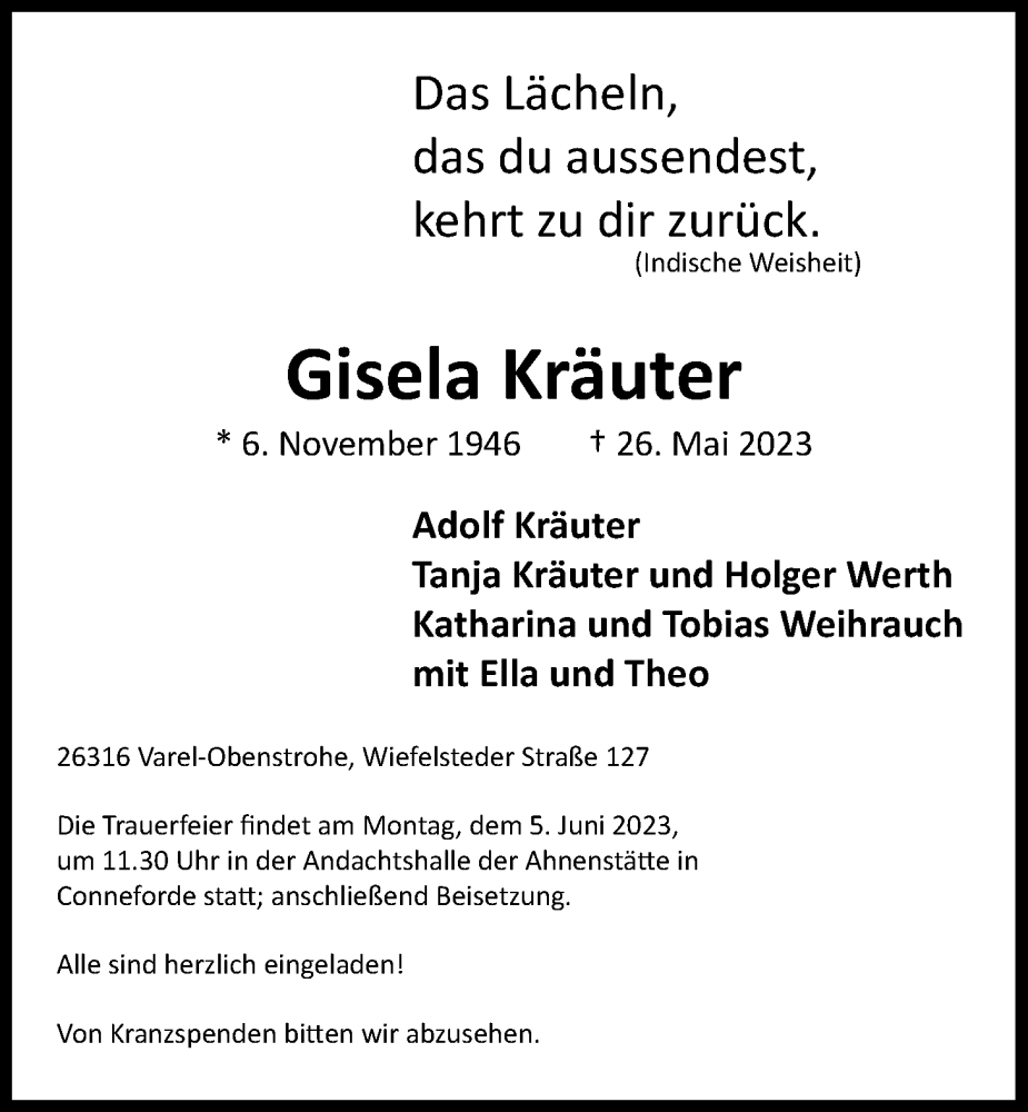  Traueranzeige für Gisela Kräuter vom 01.06.2023 aus Nordwest-Zeitung