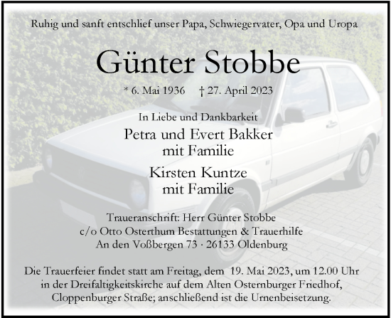 Traueranzeige von Günter Stobbe von Nordwest-Zeitung