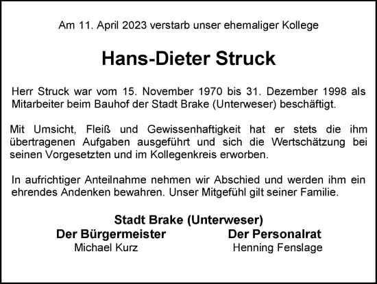 Traueranzeige von Hans-Dieter Struck von Nordwest-Zeitung