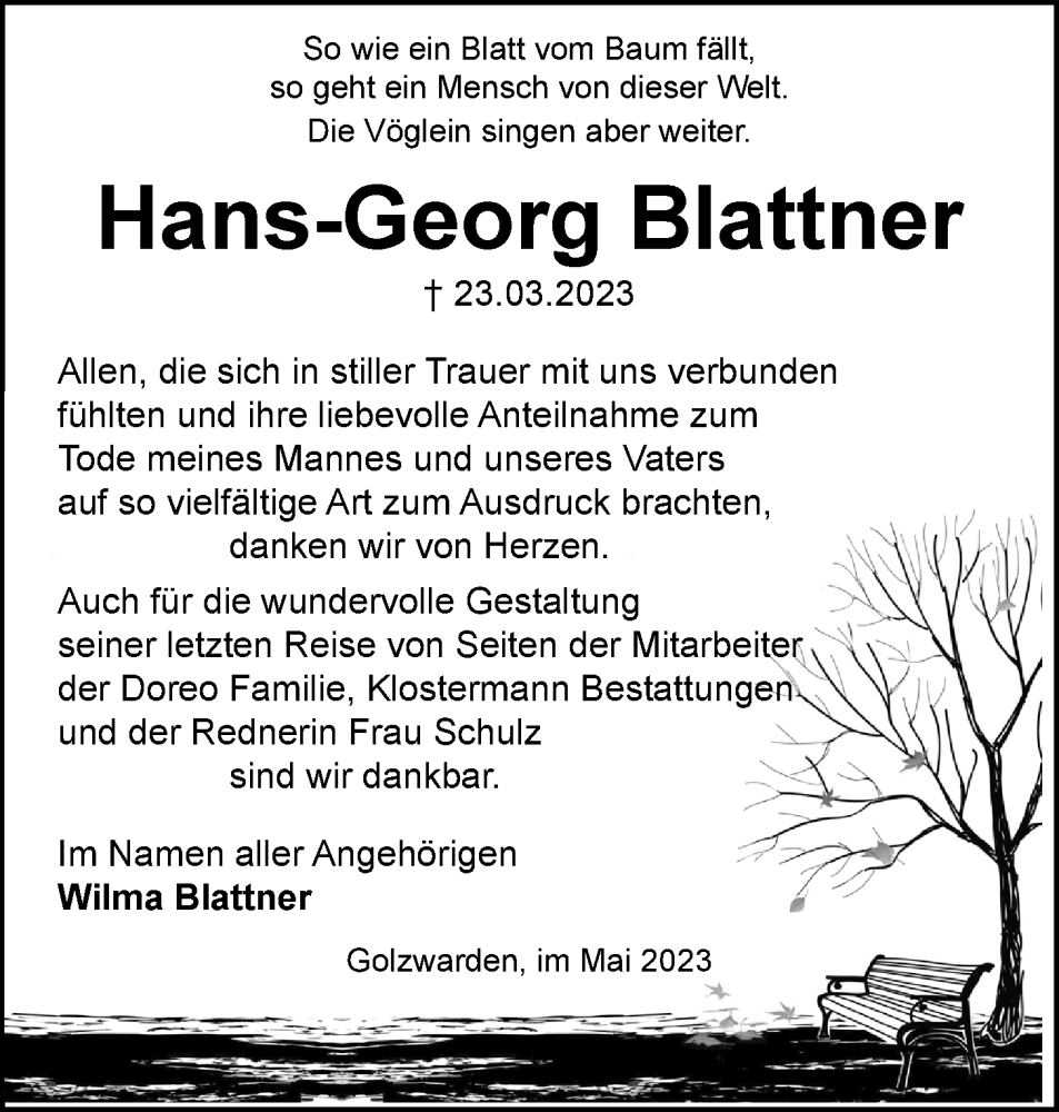  Traueranzeige für Hans-Georg Blattner vom 26.05.2023 aus Nordwest-Zeitung