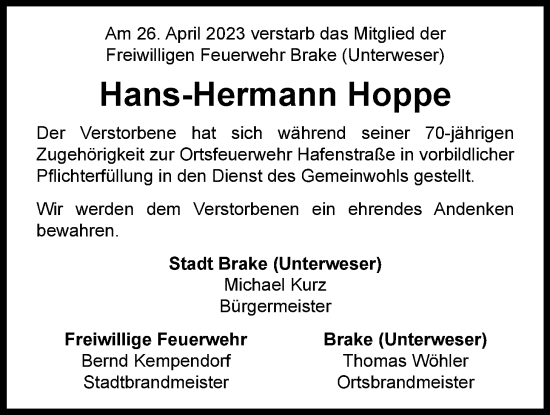 Traueranzeige von Hans-Hermann Hoppe von Nordwest-Zeitung