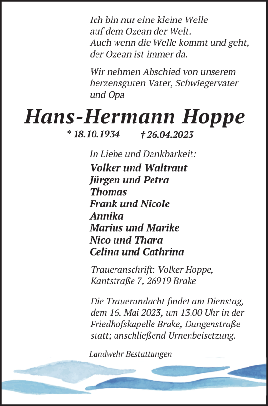 Traueranzeige von Hans-Hermann Hoppe von Nordwest-Zeitung