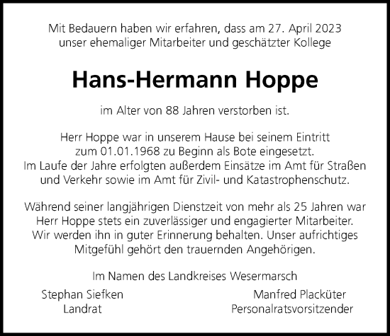 Traueranzeige von Hans-Hermann Hoppe von Nordwest-Zeitung