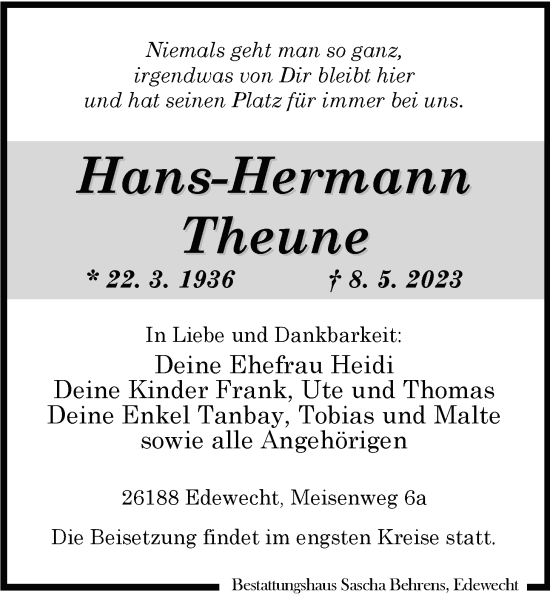 Traueranzeige von Hans-Hermann Theune von Nordwest-Zeitung
