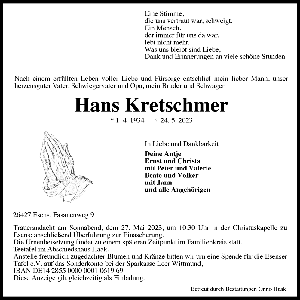  Traueranzeige für Hans Kretschmer vom 25.05.2023 aus WZ/JW/AH