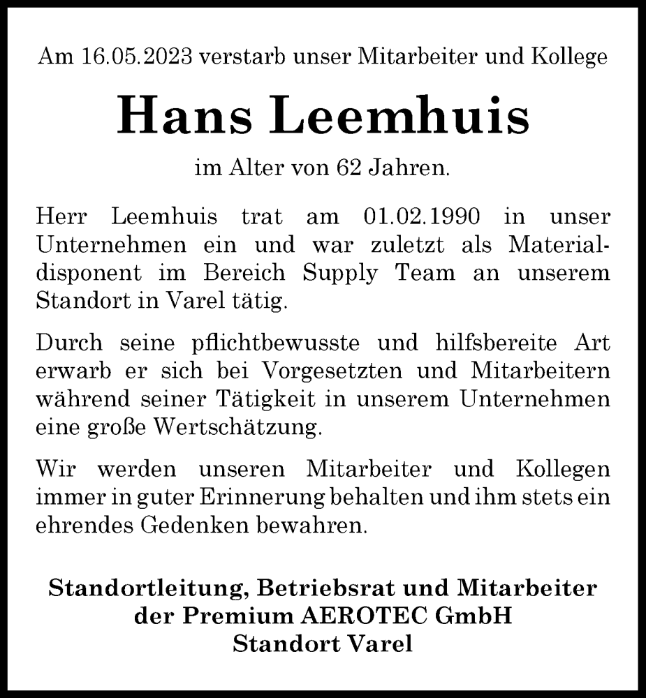  Traueranzeige für Hans Leemhuis vom 27.05.2023 aus Nordwest-Zeitung