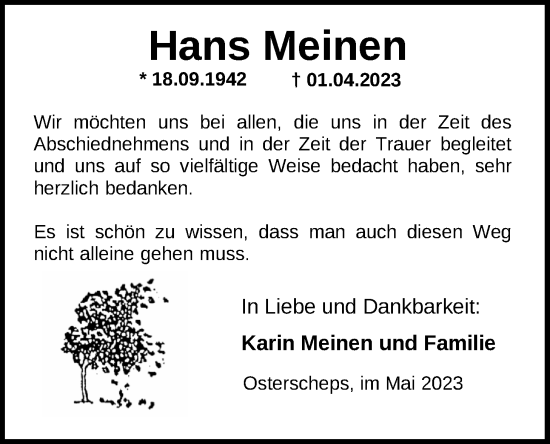 Traueranzeige von Hans Meinen von Nordwest-Zeitung