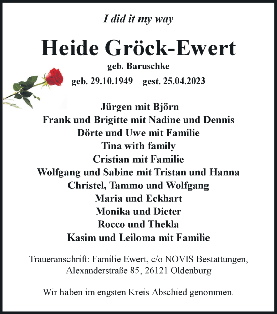 Traueranzeige von Heide Gröck-Ewert von Nordwest-Zeitung