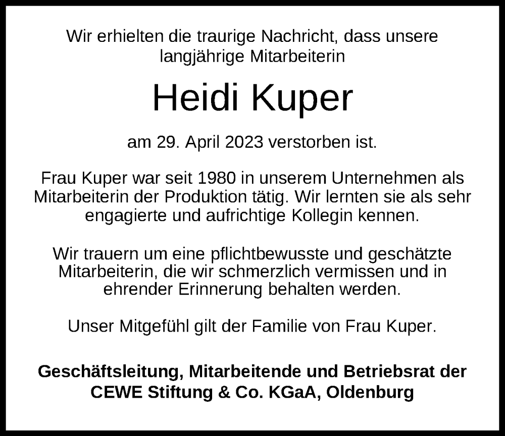  Traueranzeige für Heidi Kuper vom 13.05.2023 aus Nordwest-Zeitung