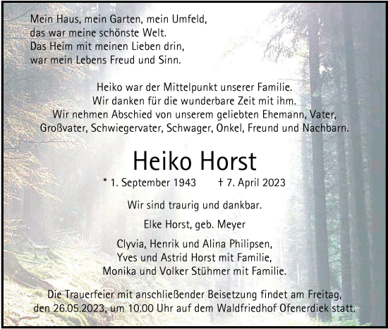 Traueranzeige von Heiko Horst von Nordwest-Zeitung