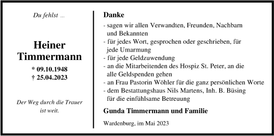 Traueranzeige von Heiner Timmermann von Nordwest-Zeitung