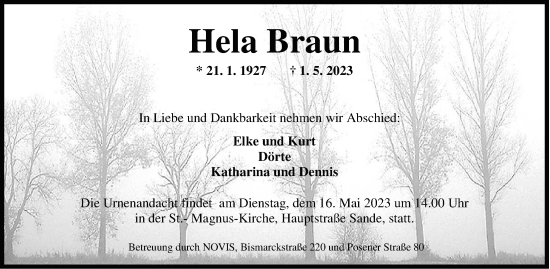 Traueranzeige von Hela Braun von WZ/JW/AH