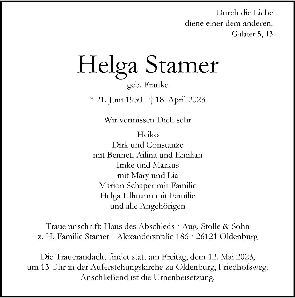  Traueranzeige für Helga Stamer vom 06.05.2023 aus Nordwest-Zeitung
