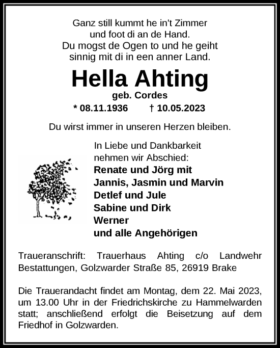 Traueranzeige von Hella Ahting von Nordwest-Zeitung