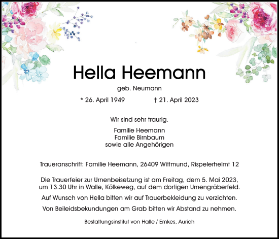 Traueranzeige von Hella Heemann von WZ/JW/AH