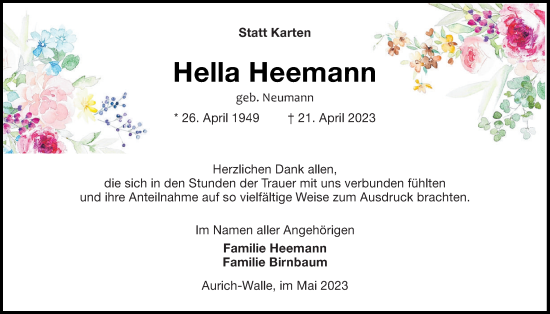 Traueranzeige von Hella Heemann von WZ/JW/AH