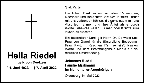 Traueranzeige von Hella Riedel von Nordwest-Zeitung