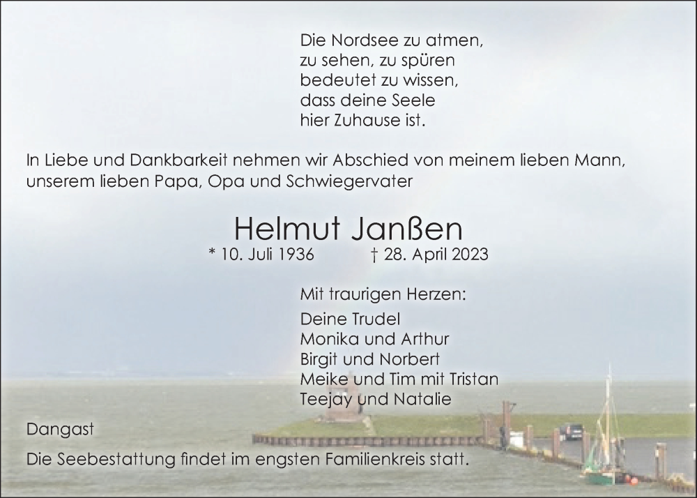  Traueranzeige für Helmut Janßen vom 04.05.2023 aus Nordwest-Zeitung