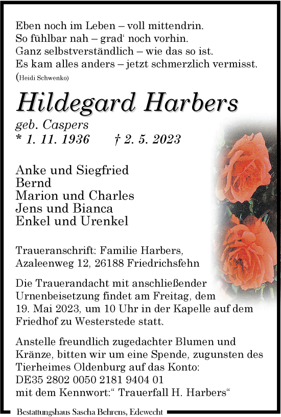 Traueranzeige von Hildegard Harbers von Nordwest-Zeitung