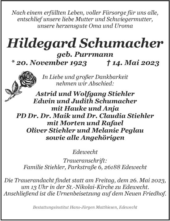 Traueranzeige von Hildegard Schumacher von Nordwest-Zeitung