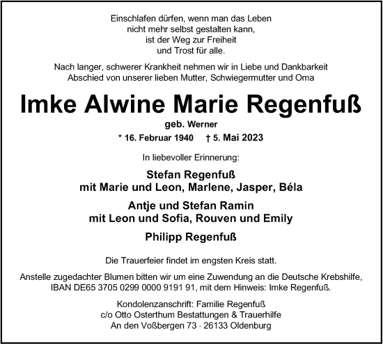 Traueranzeige von Imke Alwine Marie Regenfuß von Nordwest-Zeitung