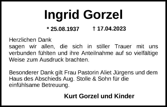 Traueranzeige von Ingrid Gorzel von Nordwest-Zeitung