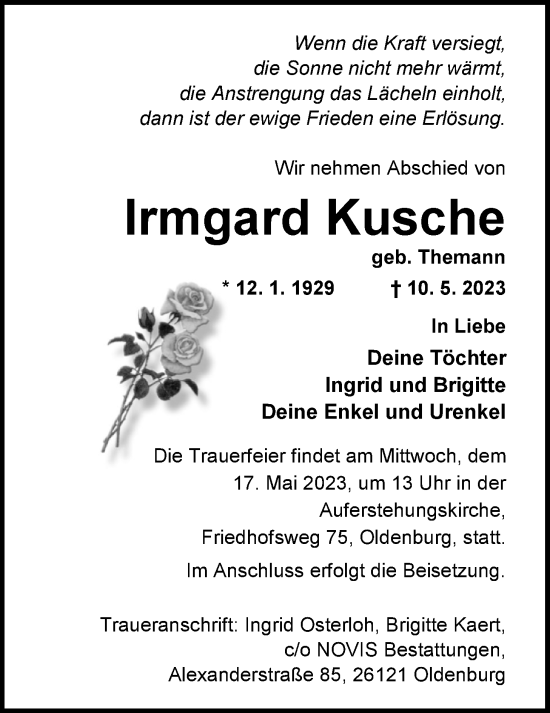 Traueranzeige von Irmgard Kusche von Nordwest-Zeitung