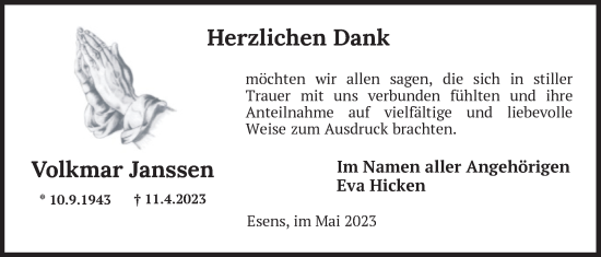 Traueranzeige von Janssen Volkmar von WZ/JW/AH