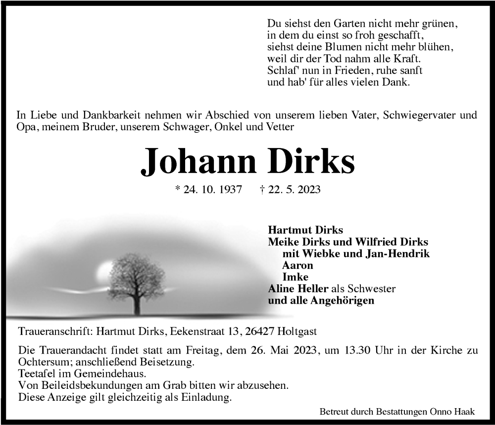  Traueranzeige für Johann Dirks vom 24.05.2023 aus WZ/JW/AH