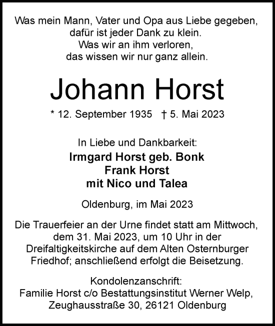 Traueranzeige von Johann Horst von Nordwest-Zeitung