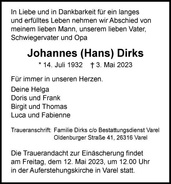 Traueranzeige von Johannes Dirks von Nordwest-Zeitung