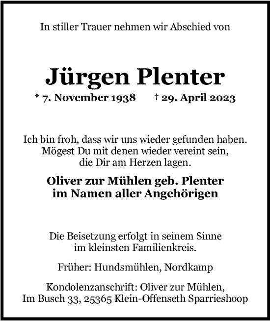 Traueranzeige von Jürgen Plenter von Nordwest-Zeitung