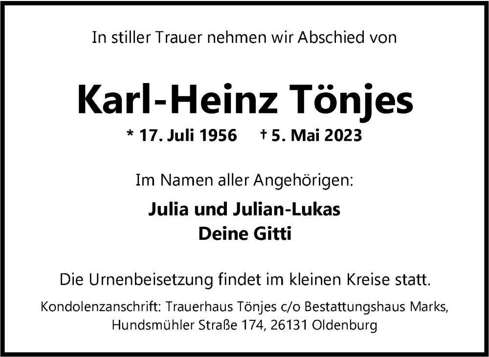  Traueranzeige für Karl-Heinz Tönjes vom 20.05.2023 aus Nordwest-Zeitung