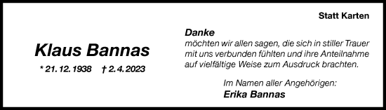 Traueranzeige von Klaus Bannas von Nordwest-Zeitung