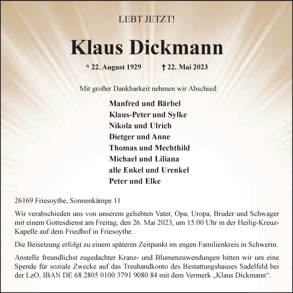  Traueranzeige für Klaus Dickmann vom 24.05.2023 aus Nordwest-Zeitung