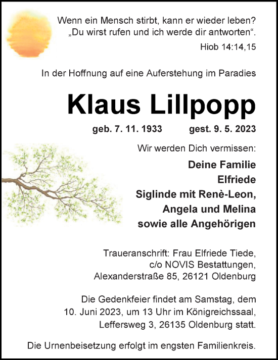 Traueranzeige von Klaus Lillpopp von Nordwest-Zeitung