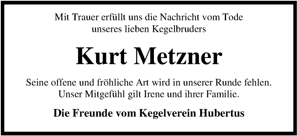  Traueranzeige für Kurt Metzner vom 06.05.2023 aus Nordwest-Zeitung