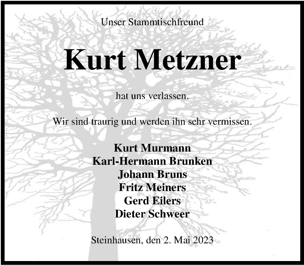  Traueranzeige für Kurt Metzner vom 06.05.2023 aus Nordwest-Zeitung