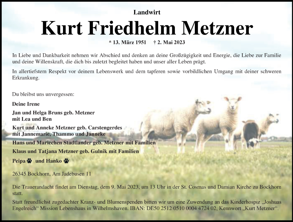  Traueranzeige für Kurt Metzner vom 06.05.2023 aus Nordwest-Zeitung