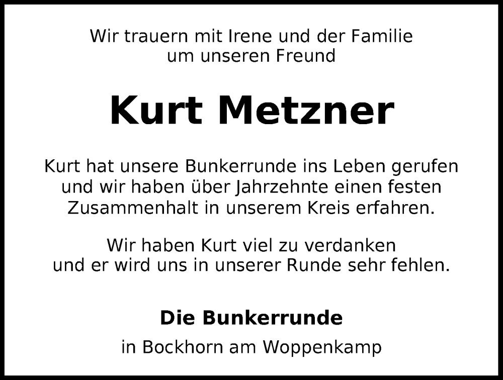  Traueranzeige für Kurt Metzner vom 06.05.2023 aus Nordwest-Zeitung