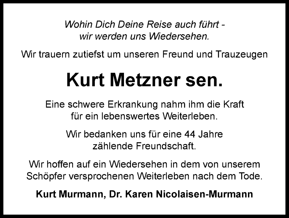  Traueranzeige für Kurt Metzner vom 06.05.2023 aus Nordwest-Zeitung