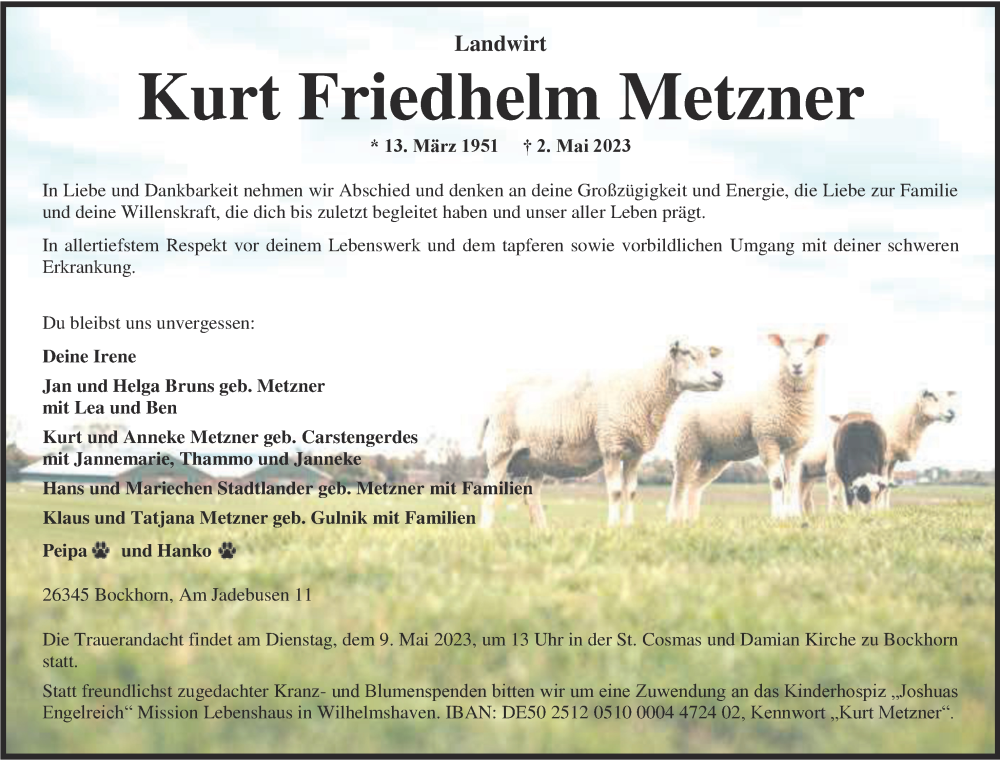  Traueranzeige für Kurt Metzner vom 08.05.2023 aus WZ/JW/AH