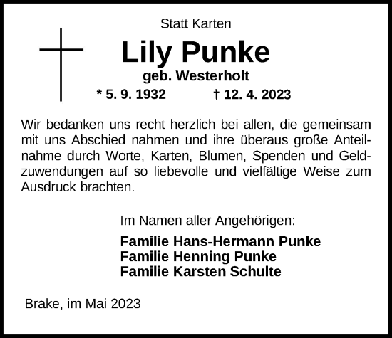 Traueranzeige von Lily Punke von Nordwest-Zeitung