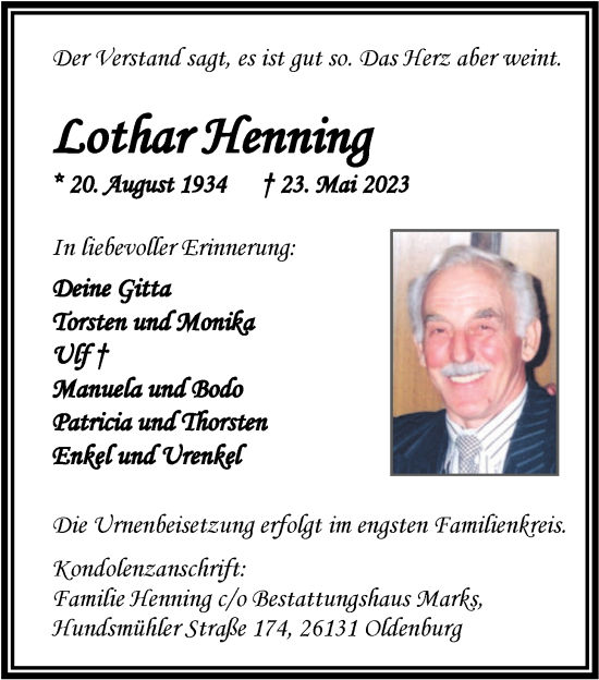Traueranzeige von Lothar Henning von Nordwest-Zeitung