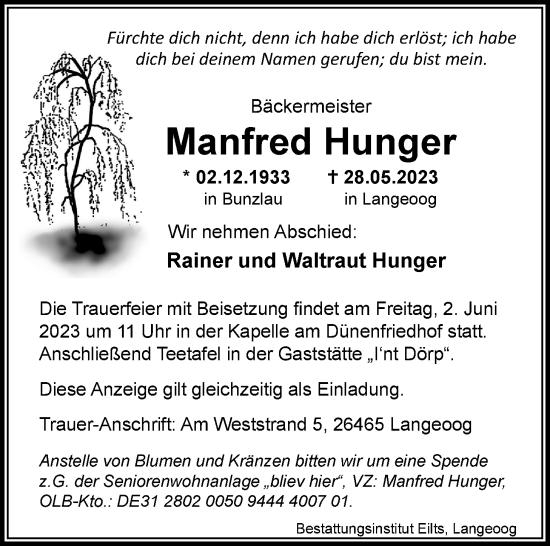 Traueranzeige von Manfred Hunger von WZ/JW/AH