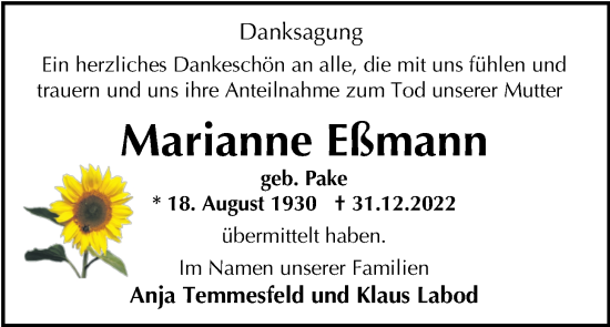 Traueranzeige von Marianne Eßmann von Nordwest-Zeitung