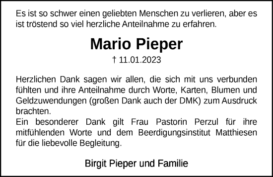 Traueranzeige von Mario Pieper von Nordwest-Zeitung